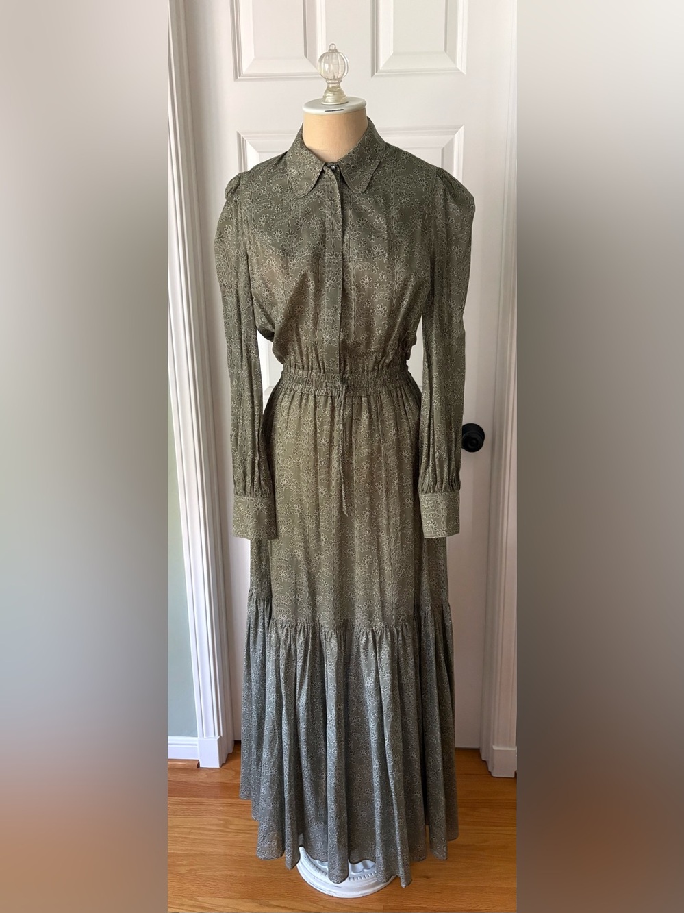 Longchamp Olive Green Long Sleeve Tiered Maxi Dress